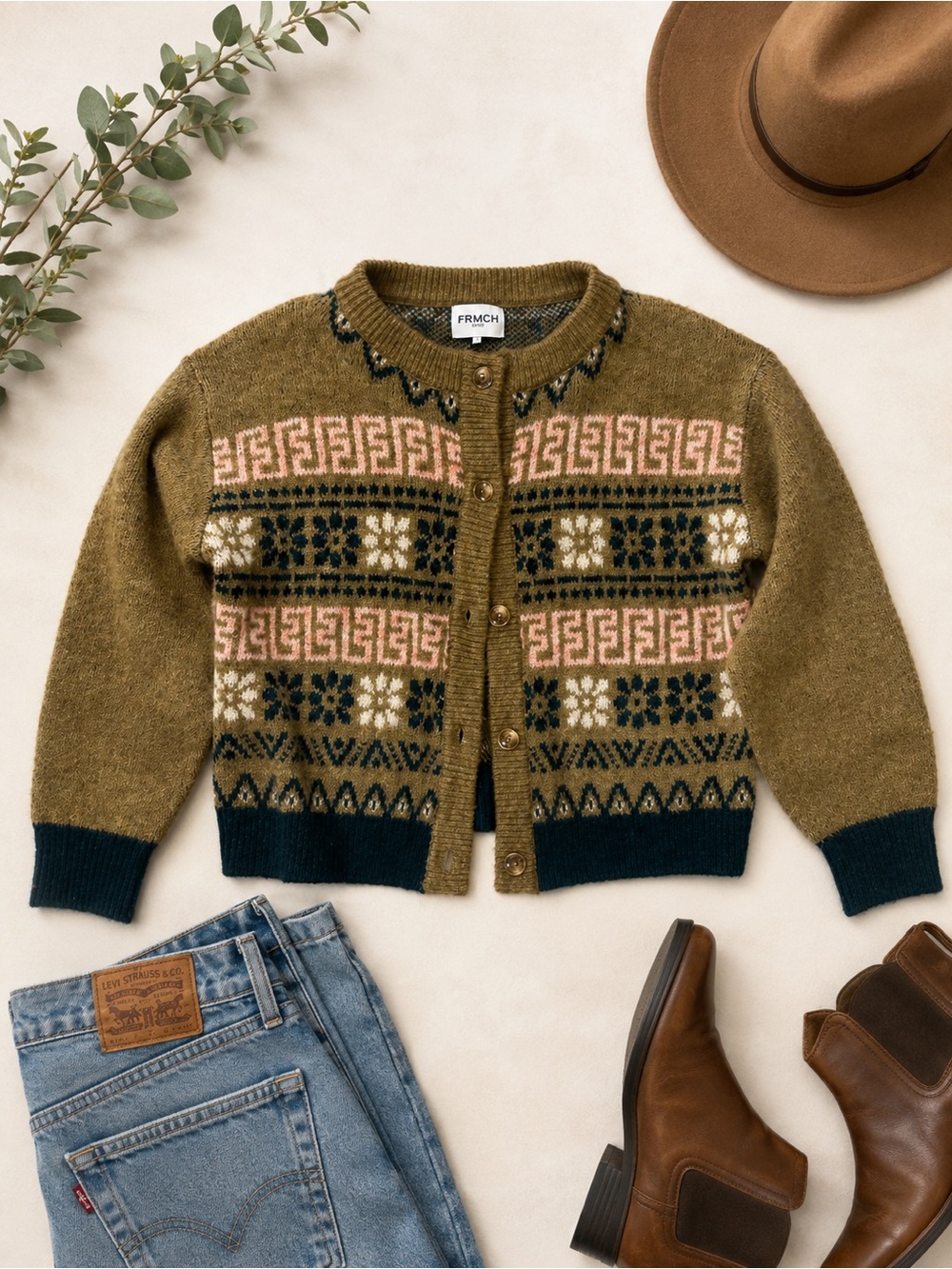 FRNCH Olive Green Fair Isle Cardigan with Pink Accents - oversized fit